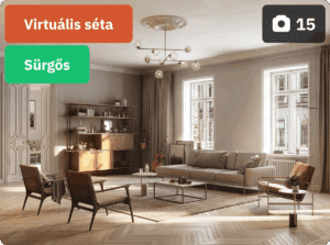 A képen egy elegánsan berendezett, napfényes nappali látható klasszikus és modern stílusjegyekkel, kényelmes kanapéval, karosszékekkel és dekoratív polcrendszerrel. A bal felső sarokban „Virtuális séta” és „Sürgős” címkék jelzik az ingatlan elérhetőségi státuszát, míg a jobb felső sarokban egy kamera ikon és a „15” szám utal a rendelkezésre álló fotók számára.