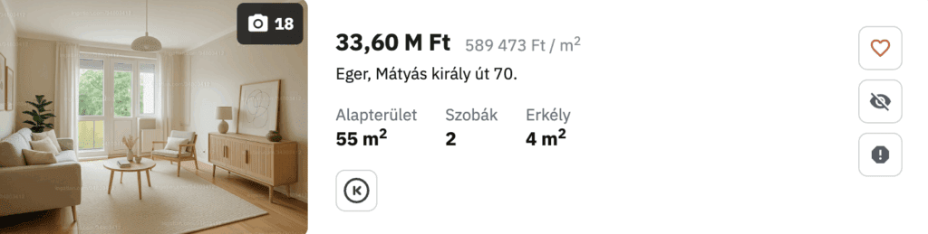 ingatlan.com találati oldalán található hirdetés. 55 nm-es egri lakás 33,6 millió forinttért.