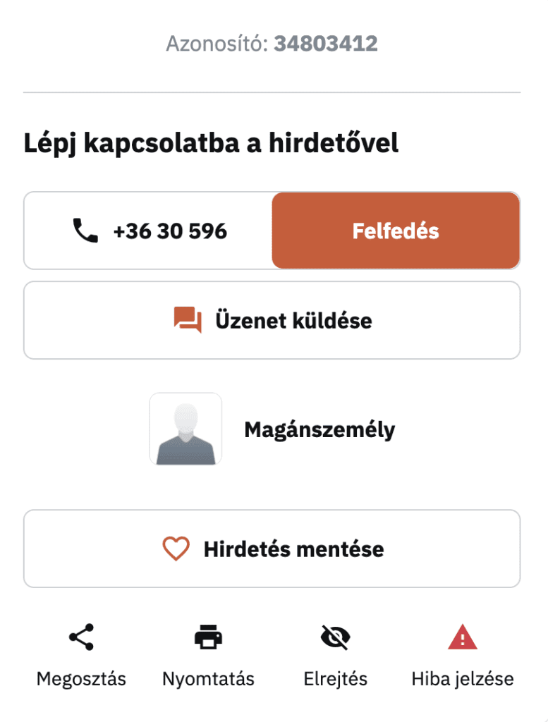 ingatlan.com-ra feltöltött hirdetés részletek oldalán található "Lépj kapcsolatba a hirdetővel" doboz.
