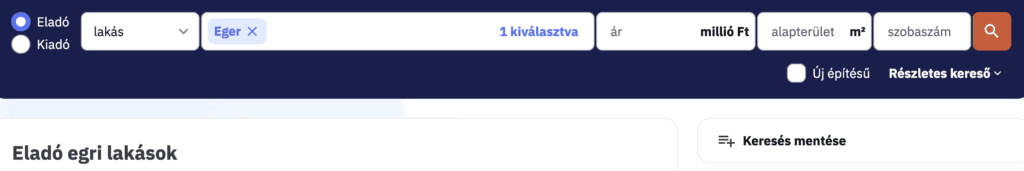 ingatlan.com főoldalán elindított keresés egri lakásokra.