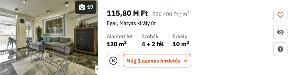 ingatlan.com találati oldalán található hirdetés, amelyen a "Még 1 azonos hirdetés" feliratú gomb szerepel.
