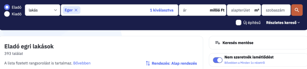 A képen látható az ingatlan.com főoldalán a kereső rész, ahol be lehet állítani a Minden 1x nézetet, a kék csúszka segítségével.