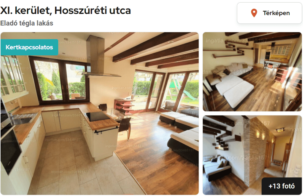 Egy modern, kertkapcsolatos eladó téglalakás a XI. kerületben, Hosszúréti utcában. Az ingatlanhirdetés "Kertkapcsolatos" felirattal van kiemelve.