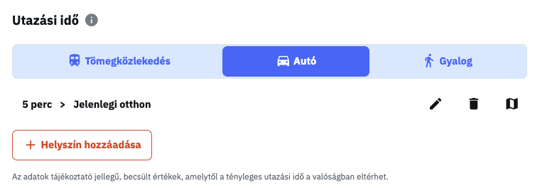 Képernyőkép, ami megmutatja, hogy jelenik meg az utazási idő tömegközlekedéssel, autóval vagy gyalog egy adott hirdetés oldalán.