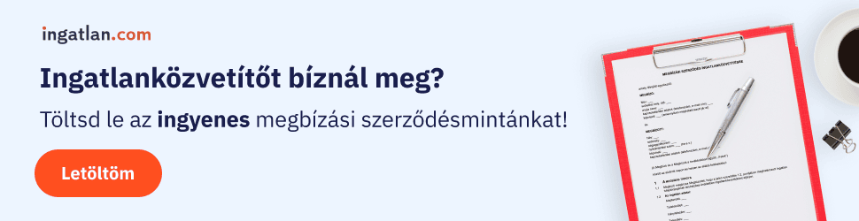 Banner, világoskék háttéren az alábbi felirattal: Ingatlanközvetítőt bíznál meg? Töltsd le az ingyenes megbízási szerződésmintánkat! A szöveg alatt egy narancssárga "Letöltöm" feliratú gomb, jobbra egy csiptetős felírótáblán egy szerződésminta képe látható.
