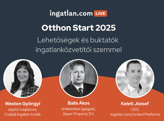 Ingatlan.com Live Otthon Start 2025 esemény plakát. A grafika középen a rendezvény címe: ’Otthon Start 2025 – Lehetőségek és buktatók ingatlanközvetítői szemmel’. Alul három fekete-fehér portréfotó és név: Weston Gyöngyi, alapító tulajdonos (Családi Ingatlan Irodák), Balla Ákos, értékesítési igazgató (Bayer Property Zrt.), és Keleti József, CEO (ingatlan.com/United Platforms). A háttér sötétkék és narancsszínű ívekkel.