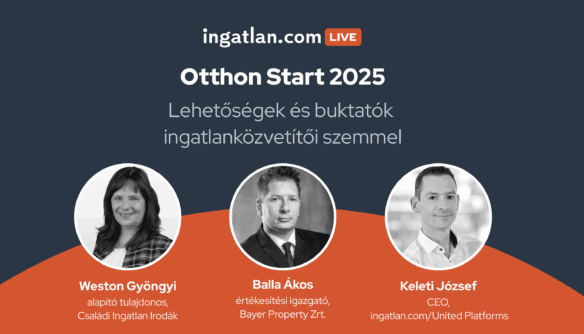 Ingatlan.com Live Otthon Start 2025 esemény plakát. A grafika középen a rendezvény címe: ’Otthon Start 2025 – Lehetőségek és buktatók ingatlanközvetítői szemmel’. Alul három fekete-fehér portréfotó és név: Weston Gyöngyi, alapító tulajdonos (Családi Ingatlan Irodák), Balla Ákos, értékesítési igazgató (Bayer Property Zrt.), és Keleti József, CEO (ingatlan.com/United Platforms). A háttér sötétkék és narancsszínű ívekkel.