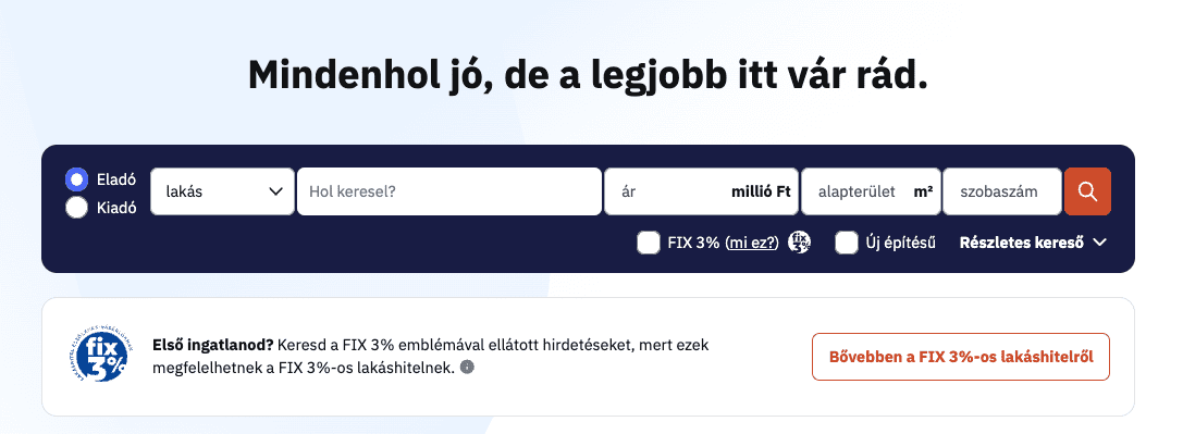 Képernyőkép az ingatlan.com főoldali keresőjéről.