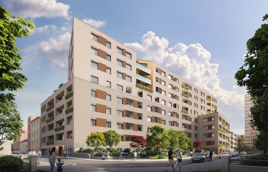 A Corvin sétányon található Corvin Campus by Cordia épülete napfényben, mögötte kék éggel.