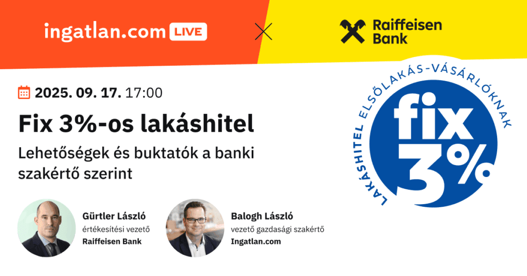 Ingatlan.com Live és Raiffeisen Bank online esemény – Fix 3%-os lakáshitel, lehetőségek és buktatók a banki szakértők szerint. Időpont: 2025. szeptember 17. 17:00. Előadók: Gürtler László, értékesítési vezető (Raiffeisen Bank) és Balogh László, vezető gazdasági szakértő (ingatlan.com).