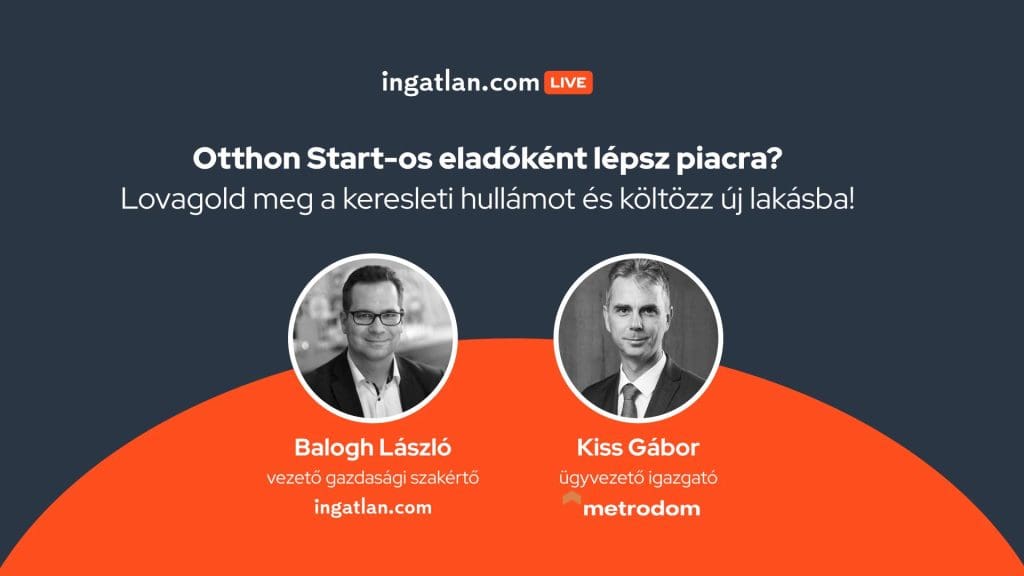 ingatlan.com Live beszélgetés kreatívja, rajta Balogh László, vezető gazdasági szakértő és Kiss Gábor, a Metrodom ügyvezető igazgatójának portréja.