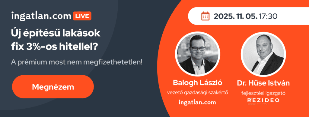 Az élő adás borítóképe. Felirat: "Új építésű lalások fix 3%-os hitellel? A prémium most nem megfizethetetlen!", a felirat mellett balra Balogh László, vezető gazdasági szakértő portréja, jobbra Dr. Hüse István, a Rezideo fejlesztési igazgatójának fényképe. 