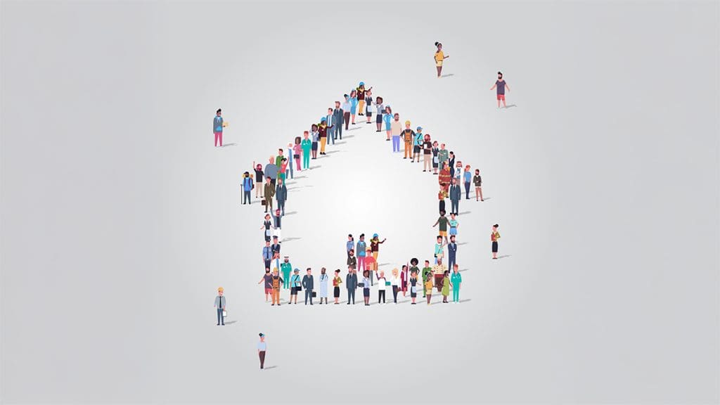 Különböző korú, foglalkozású és öltözetű emberek csoportja madártávlati nézetből egy stilizált ház formáját rajzolja ki. A ház körvonalát emberek alkotják, néhány figura pedig elszórtan a formán kívül áll. A háttér világosszürke és letisztult.