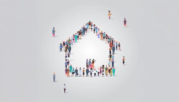 Különböző korú, foglalkozású és öltözetű emberek csoportja madártávlati nézetből egy stilizált ház formáját rajzolja ki. A ház körvonalát emberek alkotják, néhány figura pedig elszórtan a formán kívül áll. A háttér világosszürke és letisztult.