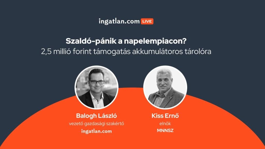 Illusztráció az élő beszélgetésről, balra Balogh László (ingatlan.com vezető gazdasági szakértő), jobbra Kiss Ernő (MNNSZ elnök) portréjával.
