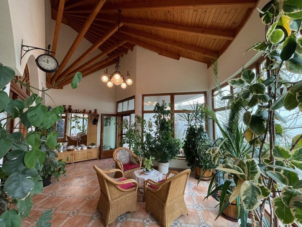 Világos, tágas télikert fa mennyezettel, nagy ablakokkal, sok zöld szobanövénnyel és fonott karosszékekkel berendezett pihenősarokkal.