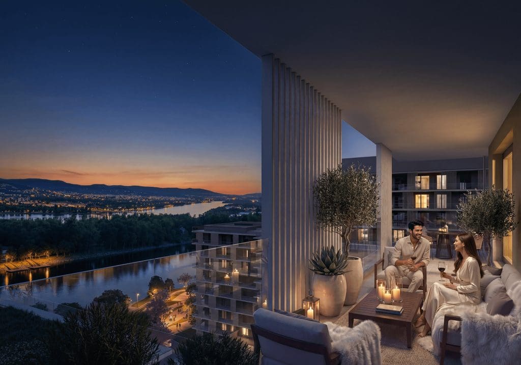 A Marina City lakásának teraszán egy fiatal pár gyertyafényben borozik, a háttérben naplemente, a Duna és a főváros fényei. Látványterv.