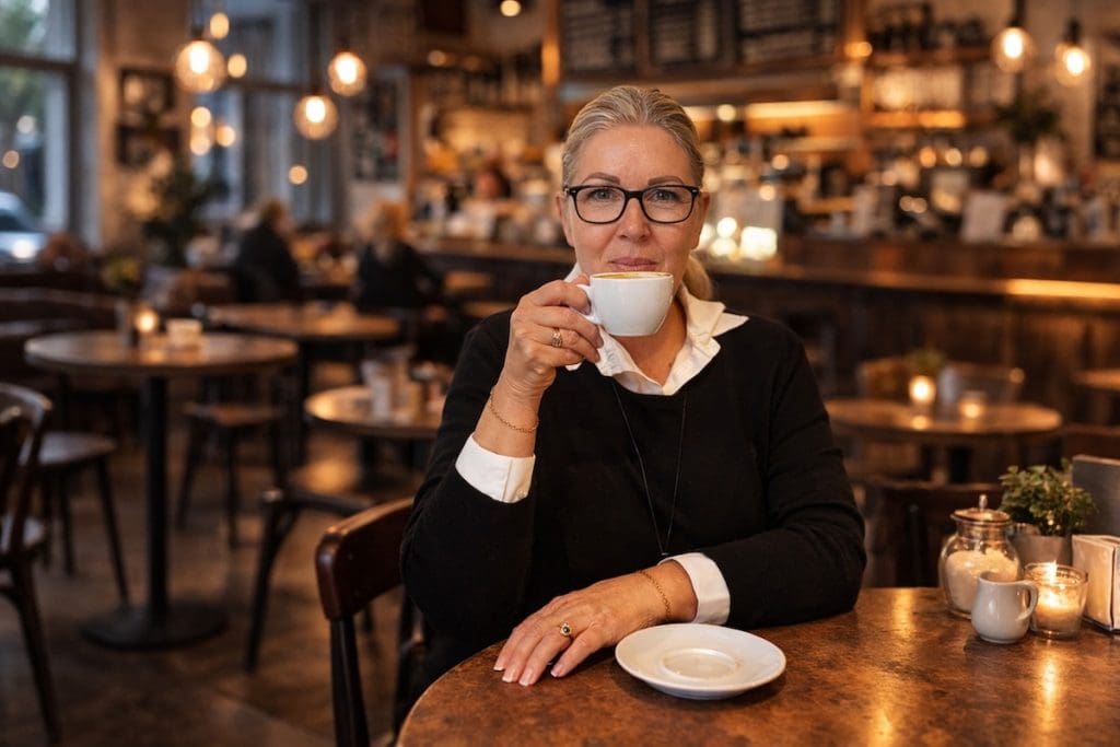 Néber Judit ingatlanközvetítő egy kávéház asztalánál ülve épp egy cappuccinot emel a szájához. 
