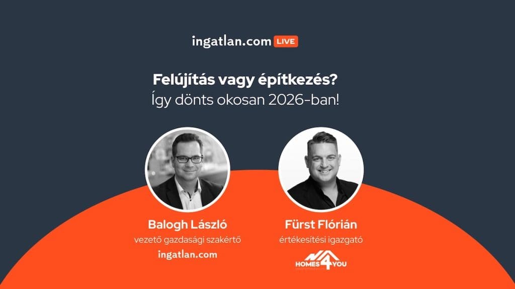 Az élő esemény digitális szórólapja, sötétszürke háttér előtt a live címével: "Felújítás vagy építkezés? Így dönts okosan 2026-ban!", alatta balra Balogh László, jobbra Füst Flórián portréfotójával.