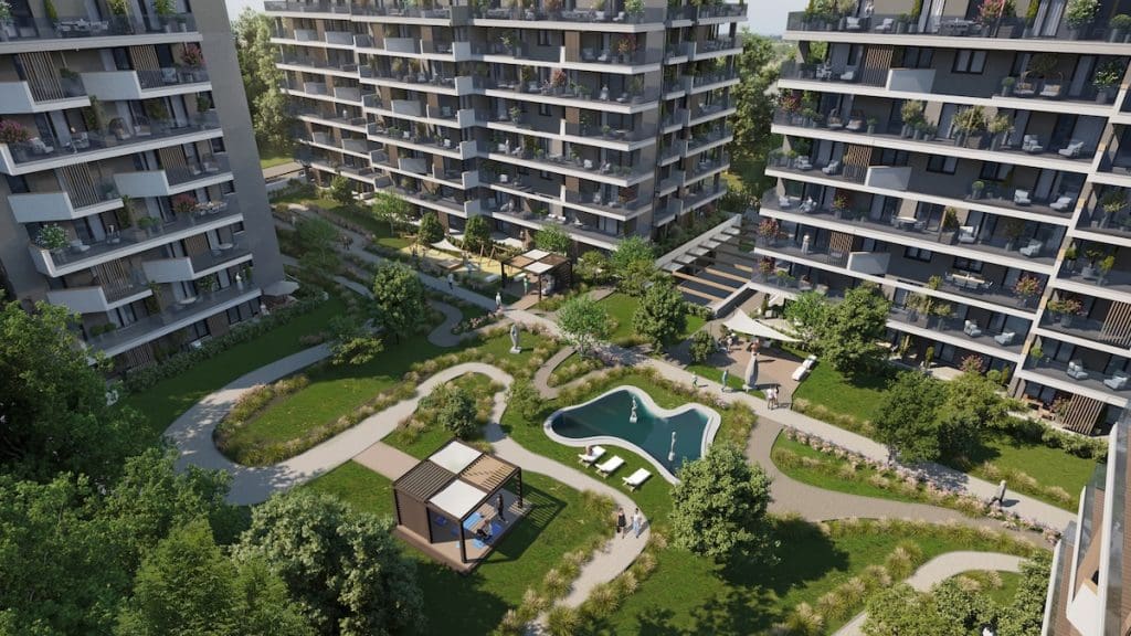 A Waterside Residence lakópark zárt belső udvarának látványterve madártávlatból