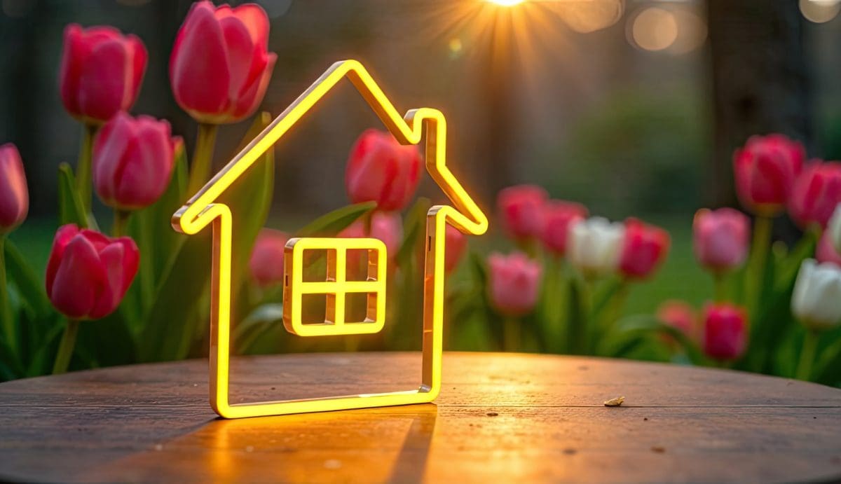 Világító, sárga neon hatású ház szimbólum áll egy faasztalon, háttérben virágzó tulipánokkal és napsütéssel. A kép meleg, tavaszi hangulatot áraszt, és az otthon, ingatlan vagy lakásvásárlás pozitív, reményteljes szimbolikáját jeleníti meg.