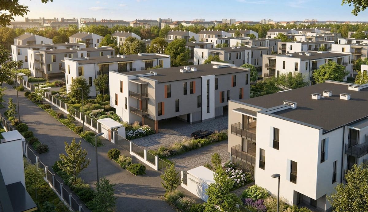 A Novus Liget lakópark látványterve madártávlatból