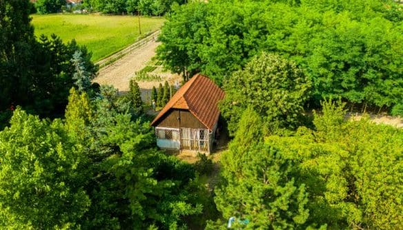 Légifelvétel egy kis vidéki házról vörös tetővel, sűrű zöld növényzettel és fákkal körülvéve; a háttérben mezők és egy földút látható, amely nyugodt, természetközeli környezetet sugall.