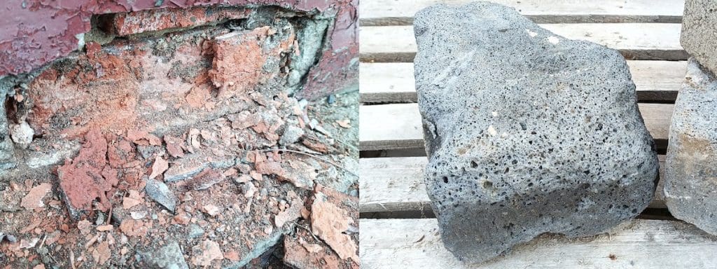 Szétfagyott tégla (balra) és szétfagyott gázszilikát (jobbra).
