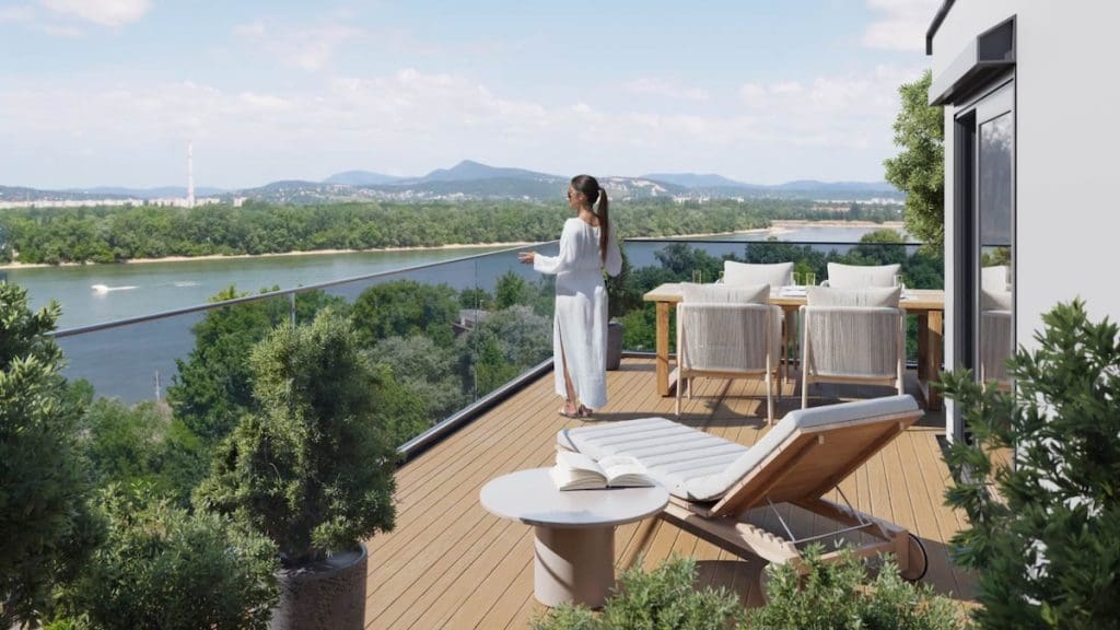 Látványterv a Waterside Residence teraszáról és a dunai panorámáról.
