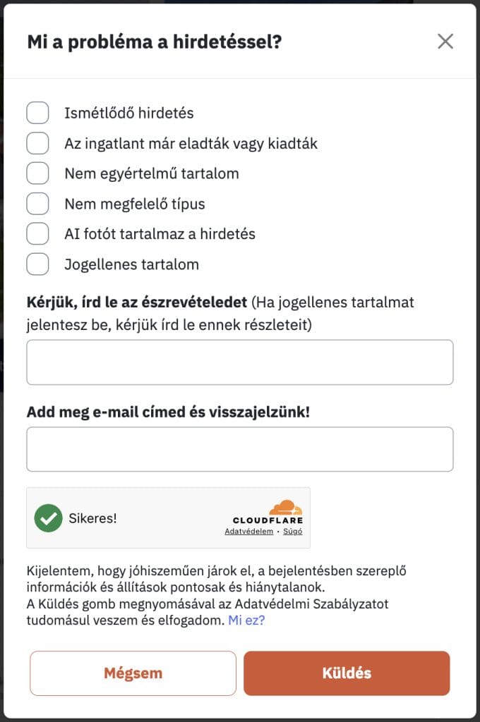 Képernyőkép az ingatlan.com hirdetési adatlapon, a "Hiba jelzése" gombra kattintás után megjelenő pop-upról.