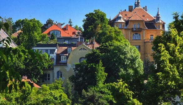 űrűn fásított, napfényes domboldalba ágyazott, változatos épületek csoportja tiszta kék ég alatt. A látványt a jobb oldali, nagy, díszes, történelmi narancs-okker épület uralja, csúcsos tornyokkal és vörös tetőkkel. Kisebb, sárga és modernebb házak bújnak meg a lombok között. A sűrű zöld növényzet alkotja az előteret, keretezve a kompozíciót.