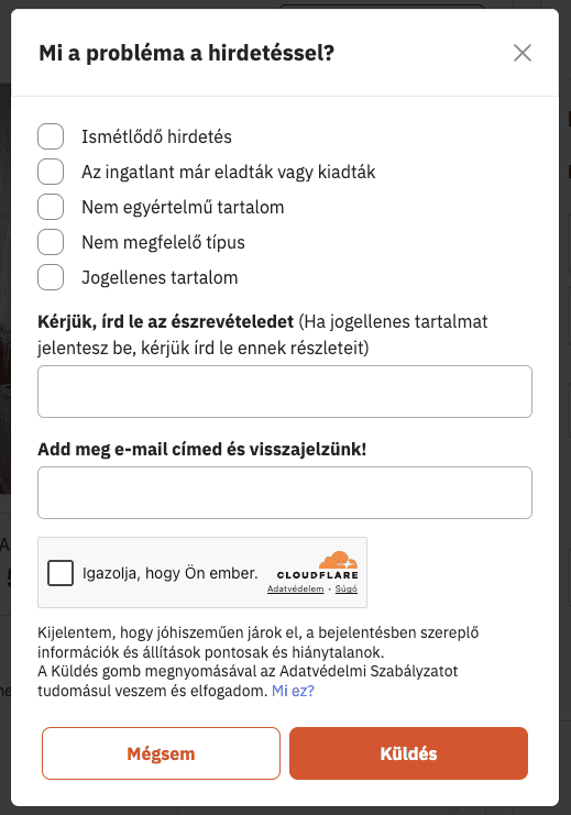 Képernyőkép a hirdetés adatlapján a "Hiba jelzése" gombra kattintva megjelenő felugró ablakról.