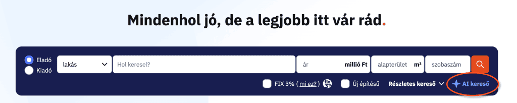 Képernyőkép az ingatlan.com keresőjéről. A jobb alsó sarokban az AI kereső felirat (a funkciót elindító gomb) narancssárga kerettel van megjelölve. 