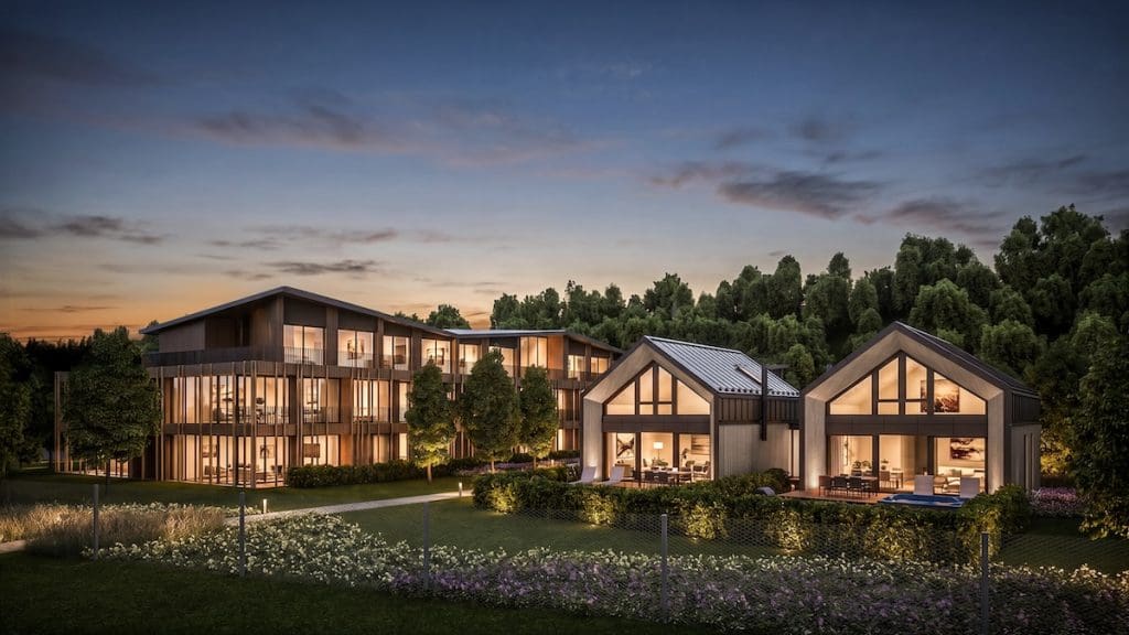 A Balaton Liget Villapark látványterve sötétedés után kivilágítva