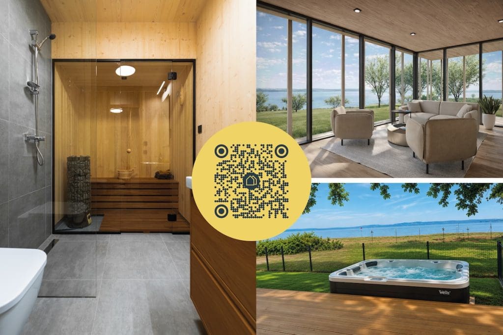 Három képből álló kollázs a Balaton Liget Villaparkról. Balra zuhanyzó és szauna, jobbra fent nagy üveges nappali amiből a Balaton látszik, jobbra lent egy kültéri jacuzzi látható. Középen egy QR kód található.