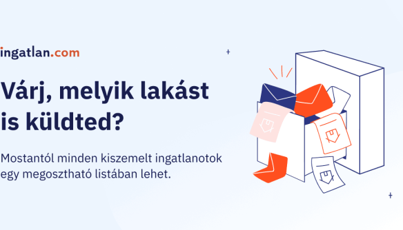 Kreatív kék hátterű kép, rajta levelesládával, amiből esnek ki a hirdetések, szórólap, levelek. Szöveg: Várj, melyik lakást is küldted? Mostantól minden kiszemelt ingatlanotok egy megosztható listában lehet.