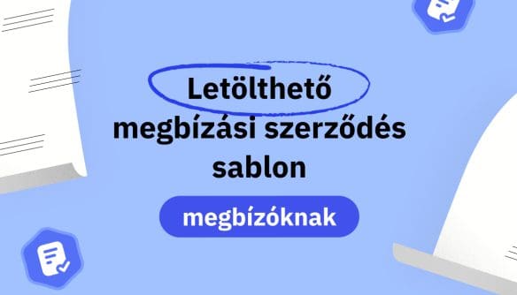 "Letölthető megbízási szerződés sablon megbízóknak" felirat kék háttér előtt, mellette dokumentumok stilizált rajza.