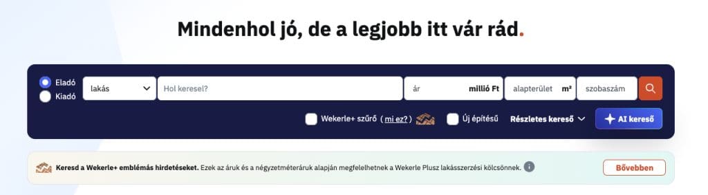 Képernyőkép az ingatlan.com keresőjéről, az új Wekerle+ pipálható szűrővel.